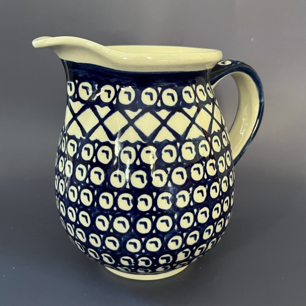 Elegant Blue and Cream Polish Pottery 6”Ceramic Pitcher